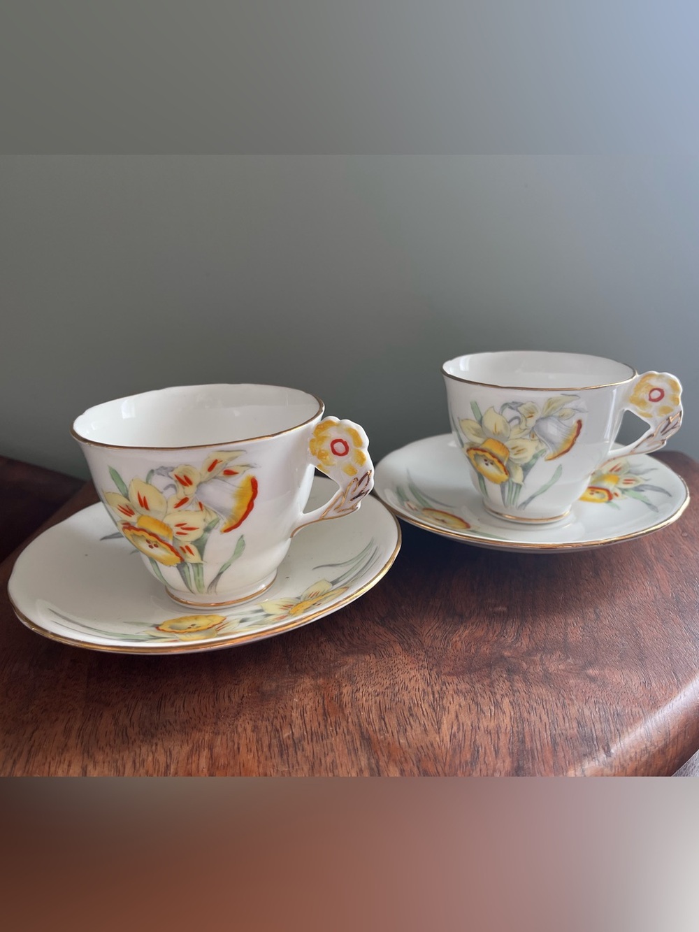 2 Vintage royal Stafford Teacup tea cup and saucer daffodil flower handle yellow